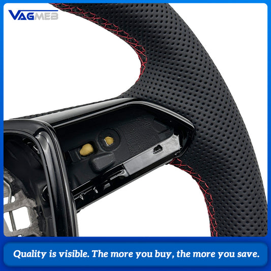 For Audi A6 C8 Half Perforated Leather Steering Wheel Base, Red Stitching Red Centering Marker Heated Car Steering Wheel Modification Part