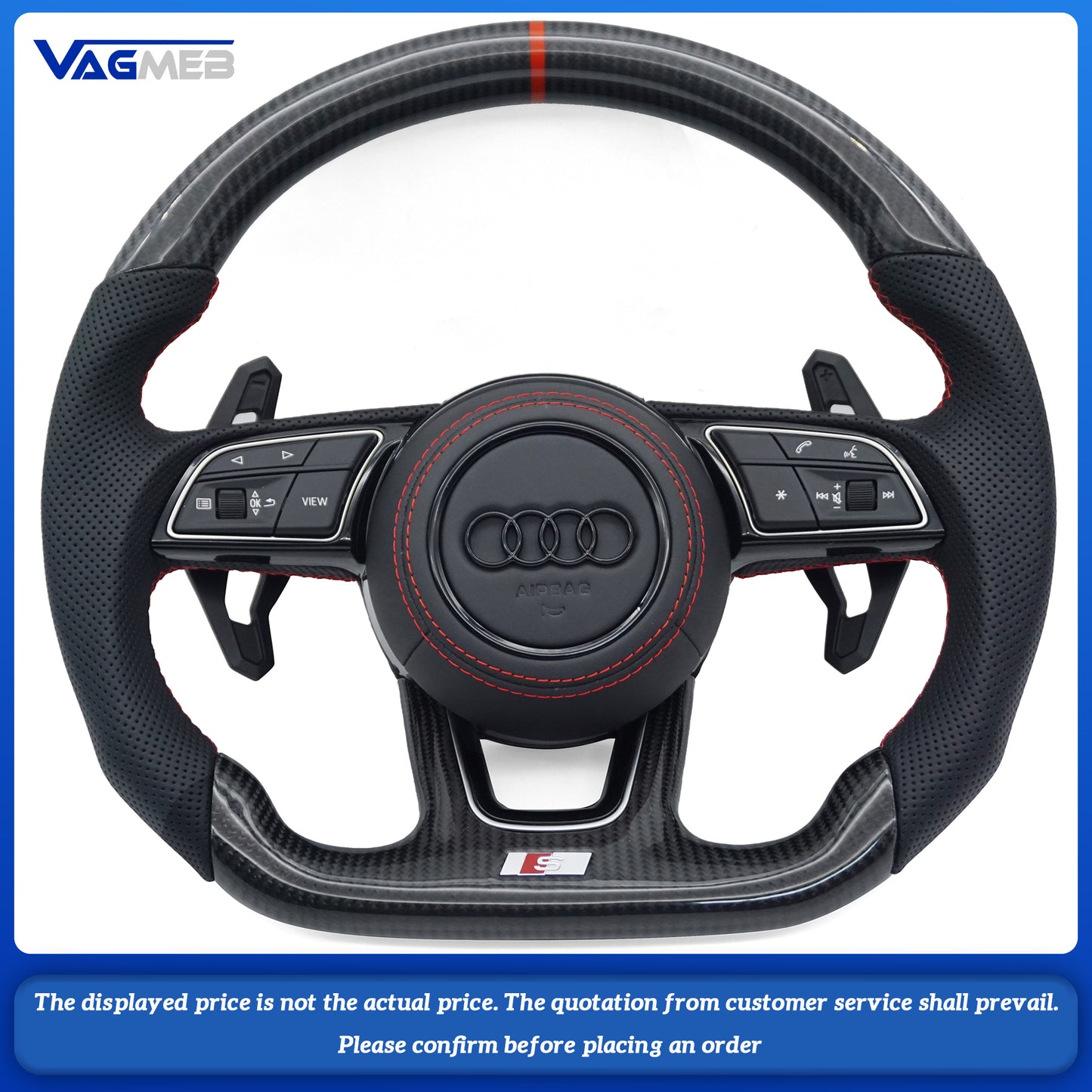For Audi S LOGO A4B9, semi-perforated red line carbon fiber with red centering mark, buttons and paddles Steering Wheel