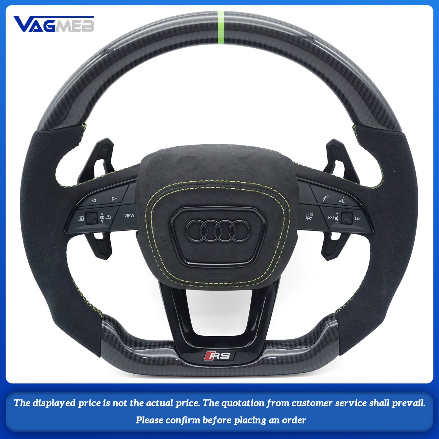 For Audi RS LOGO Q5 FY carbon fiber version, brushed green thread, green return, Lambard paddles, steering wheel strap heating