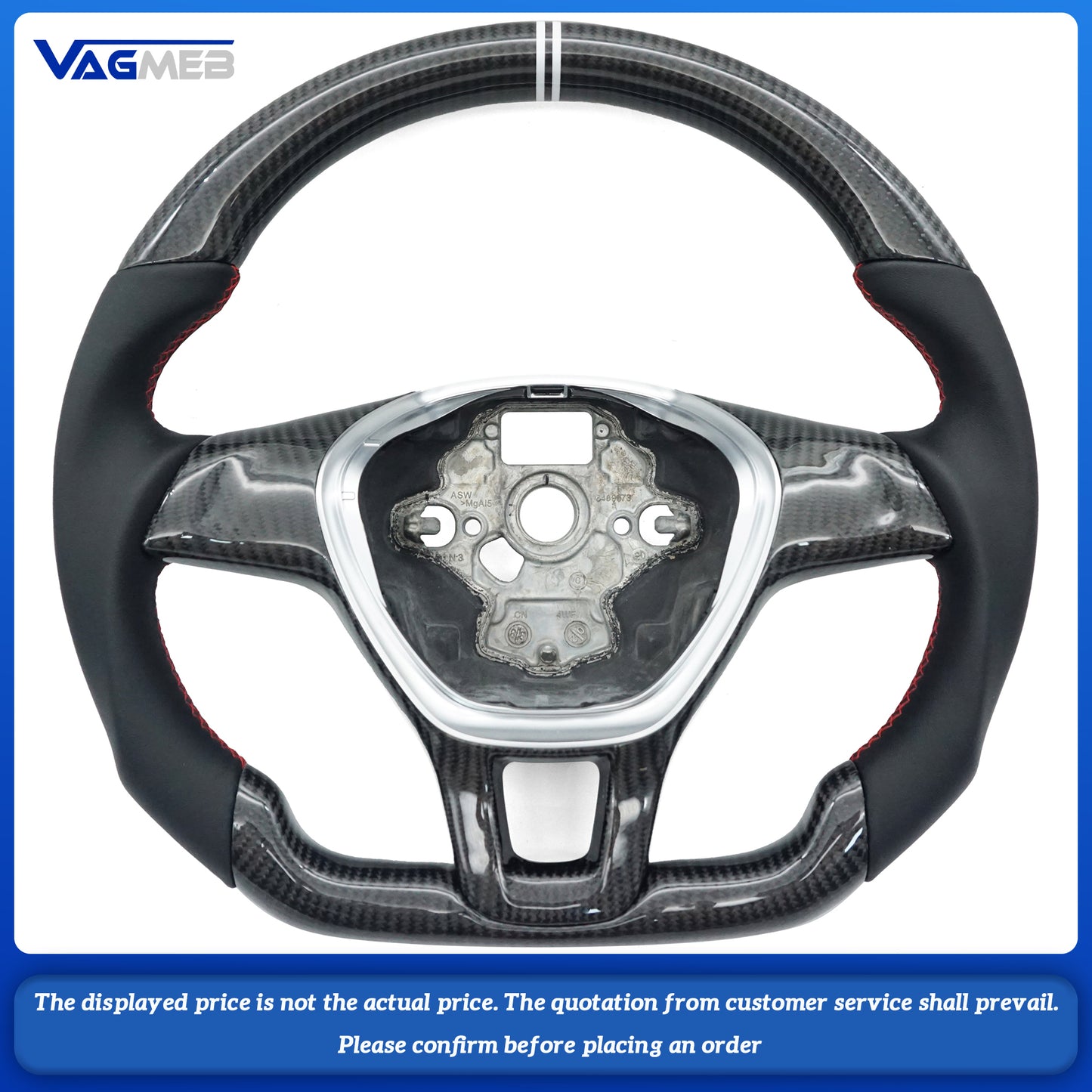 For VW Amarok, the left and right sides are genuine leather, the top and bottom are carbon fiber red lines, with carbon fiber button covers and double white correction marks