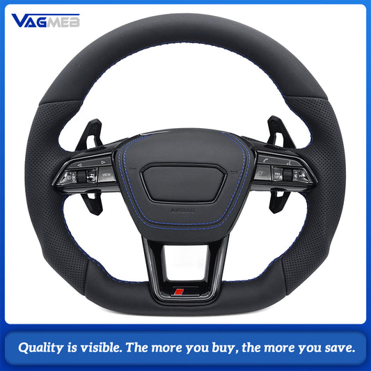RS Logo Half Perforated Leather Steering Wheel Blue Stitch For Audi A6 C8 A7 S6 RS6