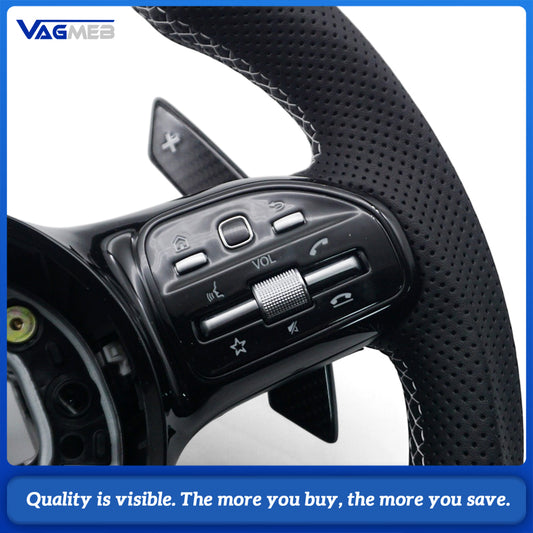 Car AMG Style Carbon Fiber Half Perforated Leather Steering Wheel White Stitching White Center Marker With Control Buttons And Large Paddle Shifters For Mercedes Benz