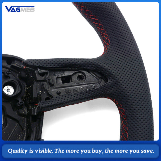Heated Sport Steering Wheel Half‑Perforated Leather Red Stitching For Audi Q5FY, No Buttons No Shift Paddles