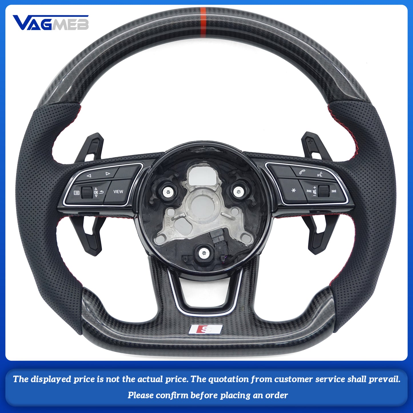 For Audi S LOGO A4B9, semi-perforated red line carbon fiber with red centering mark, buttons and paddles Steering Wheel