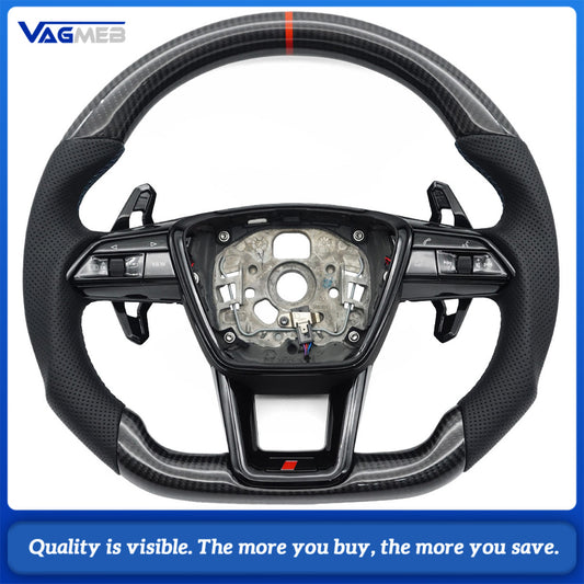 For Audi A6 C8 Without Heated Perforated Leather Forged Carbon Fiber RSS Logo Steering Wheel Key Button Frame Assembly