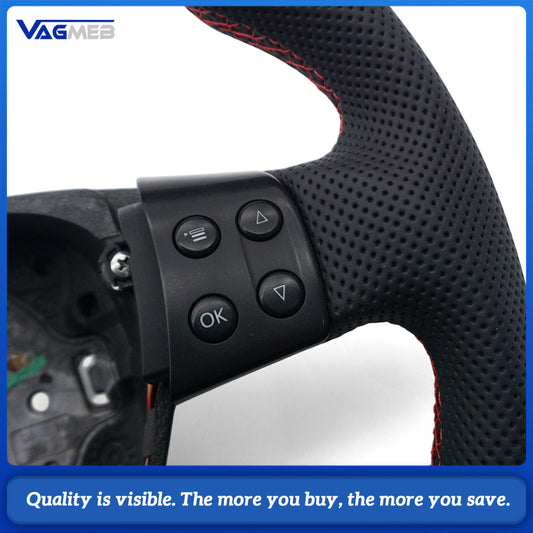 For VW Golf MK5 Half Perforated Leather Steering Wheel, Red Stitching With Control Buttons Without Shift Paddles