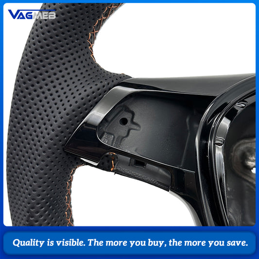 Car Sport Steering Wheel Fit For Multivan T6, Half Perforated Leather, Brown Stitch, Equipped with Gloss Painted Decorative Frame