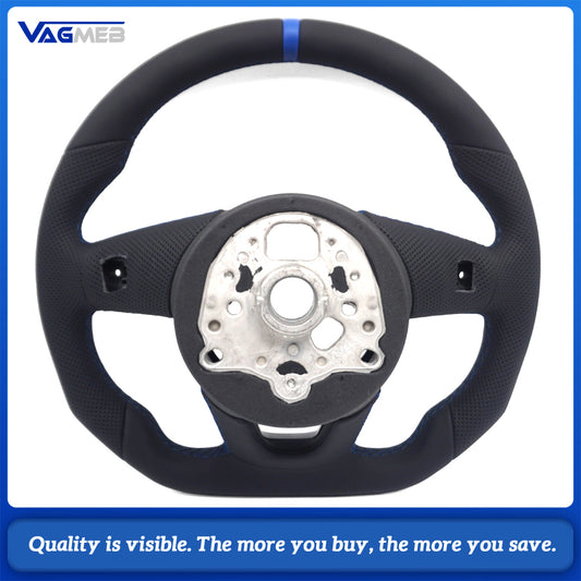 For Audi A4 B9 RS Logo Half Perforated Leather Steering Wheel Blue Stitch Blue Center Marker