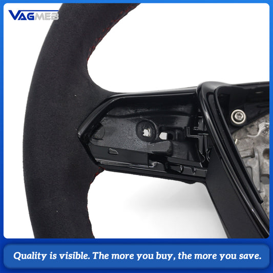 RS Steering Wheel For Audi A6L C8 A7 RS7, Full Alcantara, Black Gloss RS Logo, Red Stitching, Red Center Mark, Flat Bottom
