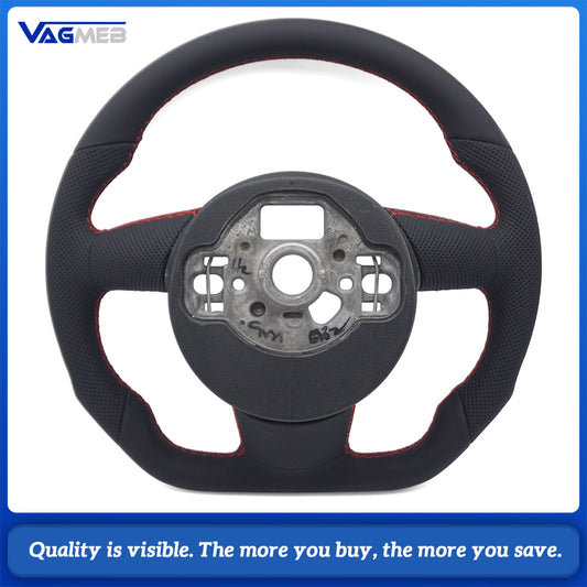 Car Half Perforated Leather Steering Wheel Red Stitching Without Buttons Paddle Shifters Decorative Frame Replacement For Audi A6 C7