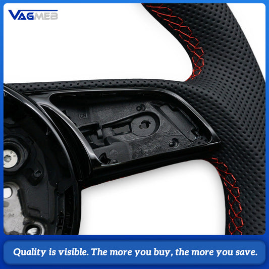 For Audi A4 B9 Steering Wheel, Top & Bottom Alcantara, Side Perforated Leather, Red Stitching, Red Center Marker, Contoured Design, Without Airbag