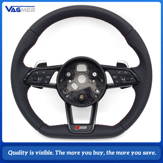 For Audi R8 Style RS Steering Wheel Half Perforated Red Stitch With Buttons & Shift Paddles