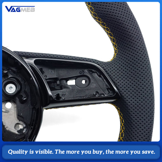 Semi - Perforated Leather Steering Wheel Yellow Stitching & Centering Mark