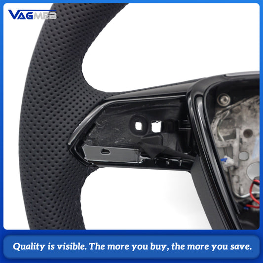 For Audi A6 C8 S Steering Wheel, Half Perforated Leather, Black Stitching, Red Marker, Heated, Flat Bottom