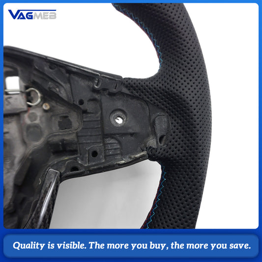 Custom Racing Flat Base Steering Wheel Carbon Fiber & Half Perforated Leather Blue Contrast Stitching For BMW X1 E84 F48
