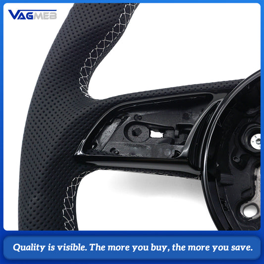 Sport Contoured Steering Wheel For Audi A4 B9, Half‑Perforated Leather White Stitching White Centering Mark, No Shift Paddles