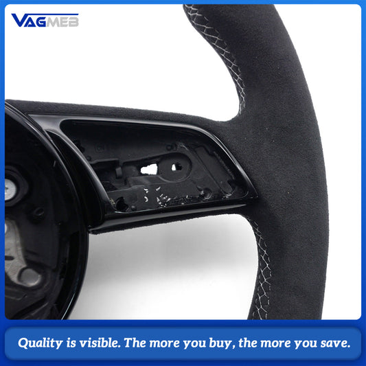 Modified Steering Wheel For Audi A4 B9, Semi Alcantara & Carbon Fiber, White Stitch, Blue Top Marker, RS Emblem