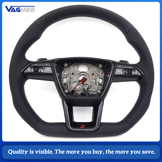 For Audi A6 C8 S Line Heated Steering Wheel Half Perforated Leather White Stitch Flat Bottom Hands Off Decoder