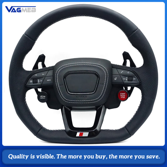For Audi Q3 Q5 Q7 Q8 RS Q3 RS Q5 Black Leather Perforated Flat Bottomed Steering Wheel With Paddles and Buttons Car Accessories