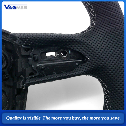 For Audi Q5L Steering Wheel, Matte Black Alcantara Upper & Lower, Perforated Leather on Both Sides, Dark Gray Contrast Stitching, Heating Function, Without Buttons, Without Shift Paddles, No Airbag, Car Sport Modification Part
