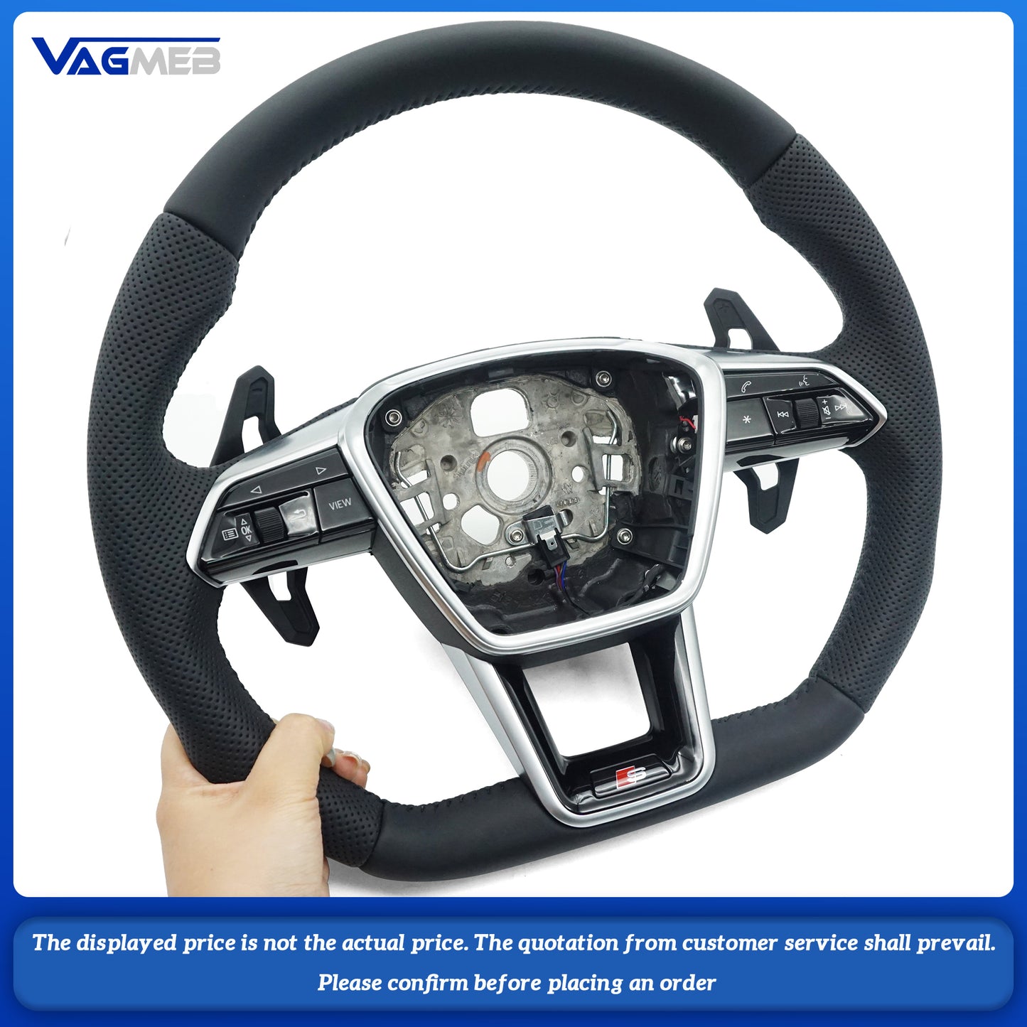 For Audi S logo A6C8, semi-perforated black line, lacquered large black paddles, unheated steering wheel