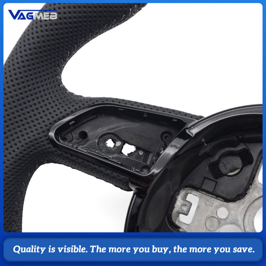For Audi A4 B8 A3 8V A4 A5 A7 Q3 Q5 Q7 Dark gray line Stitched Full Leather Perforated Flat Bottomed Steering Wheel