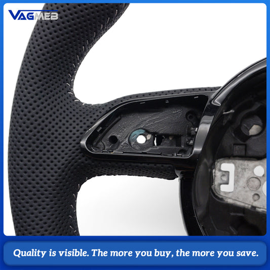 For Audi A4 B8 A3 8V A4 A5 A7 Q3 Q5 Q7 white Stitched Full Leather Perforated Flat Bottomed Steering Wheel