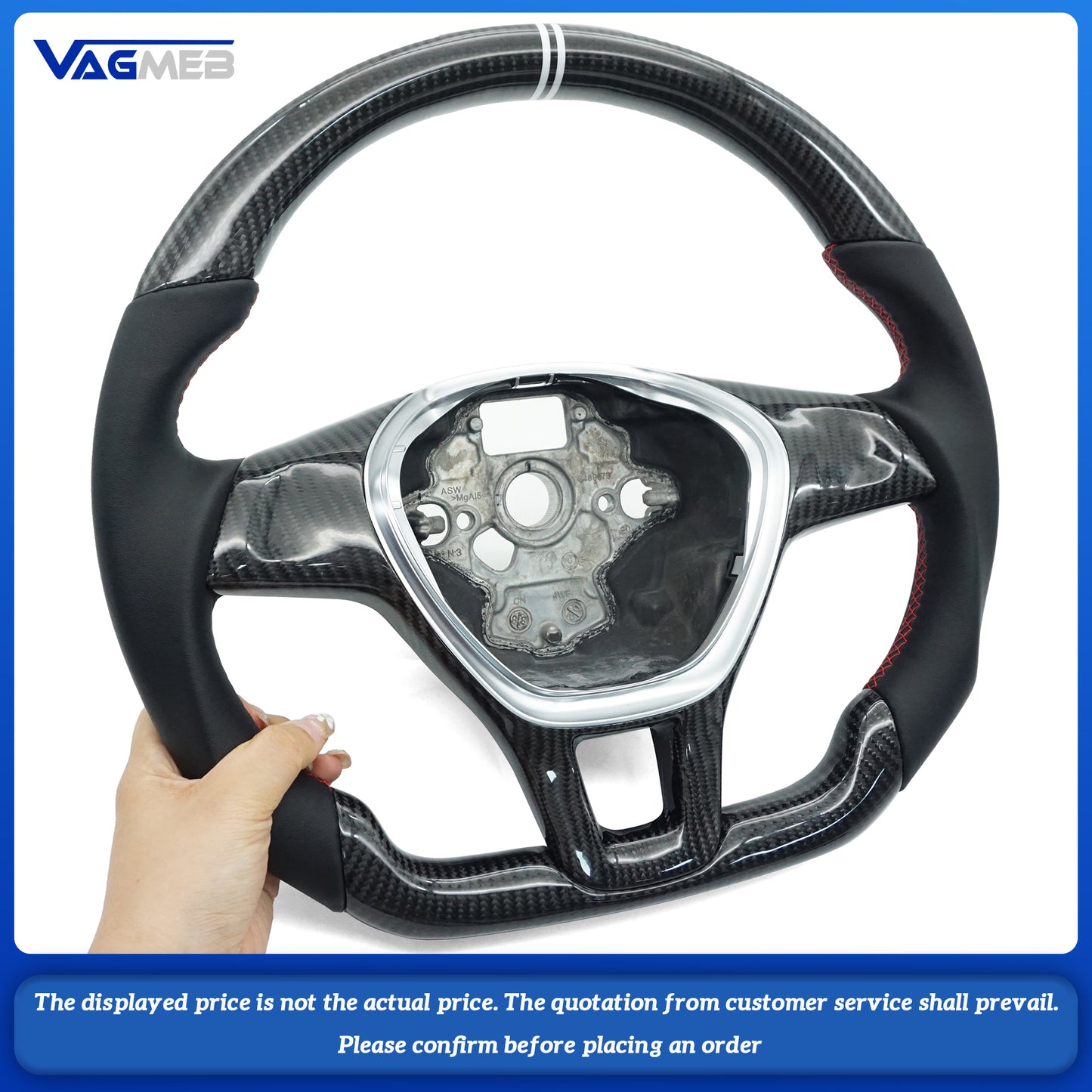 For VW Amarok, the left and right sides are genuine leather, the top and bottom are carbon fiber red lines, with carbon fiber button covers and double white correction marks