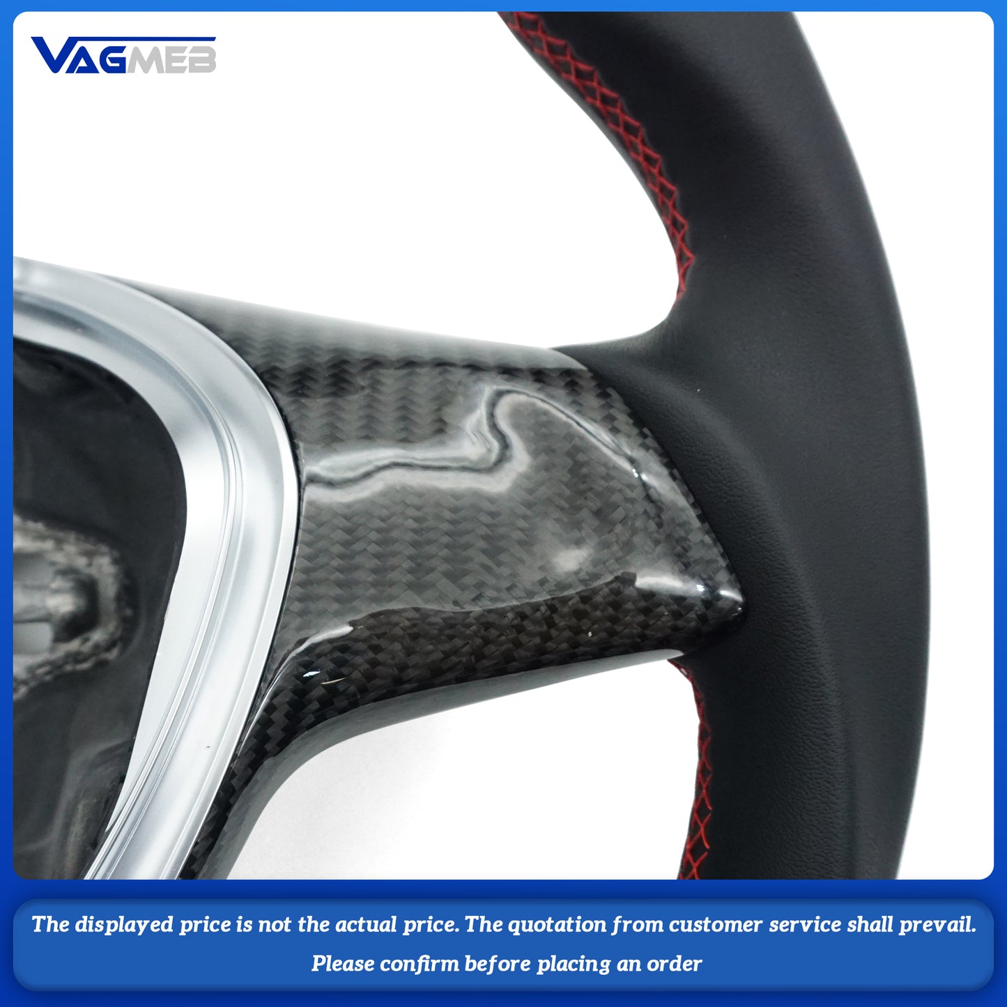 For VW Amarok, the left and right sides are genuine leather, the top and bottom are carbon fiber red lines, with carbon fiber button covers and double white correction marks