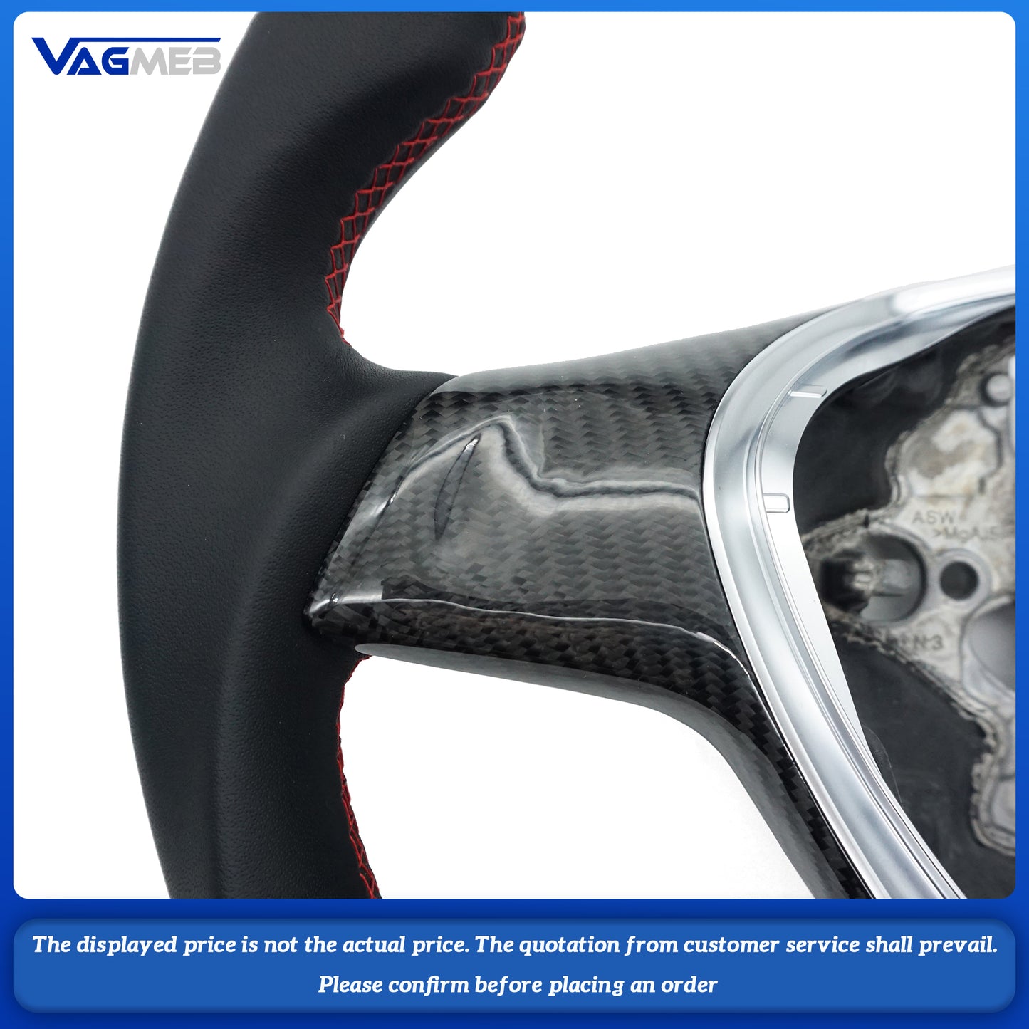 For VW Amarok, the left and right sides are genuine leather, the top and bottom are carbon fiber red lines, with carbon fiber button covers and double white correction marks