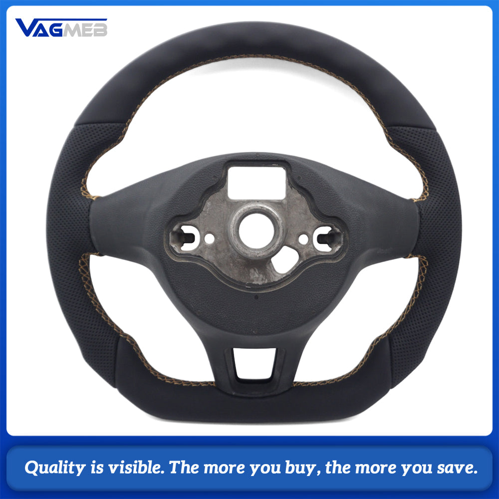 Car Steering Wheel Half Perforated Leather Brown Stitching With Trim Frame Without Control Buttons Replacement For VW T6 Transporter