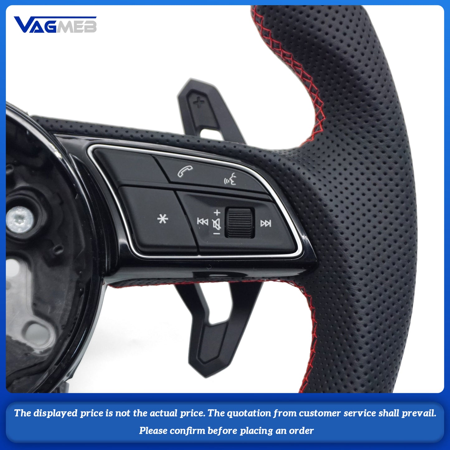 For Audi S LOGO A4B9, semi-perforated red line carbon fiber with red centering mark, buttons and paddles Steering Wheel