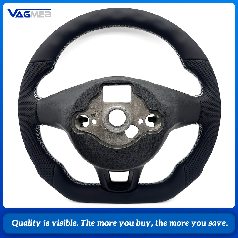 Car Sport Steering Wheel Base Fit For VW Multivan T6, Half Perforated Leather, White Stitch, Comes with Gloss Black Decorative Button Frame