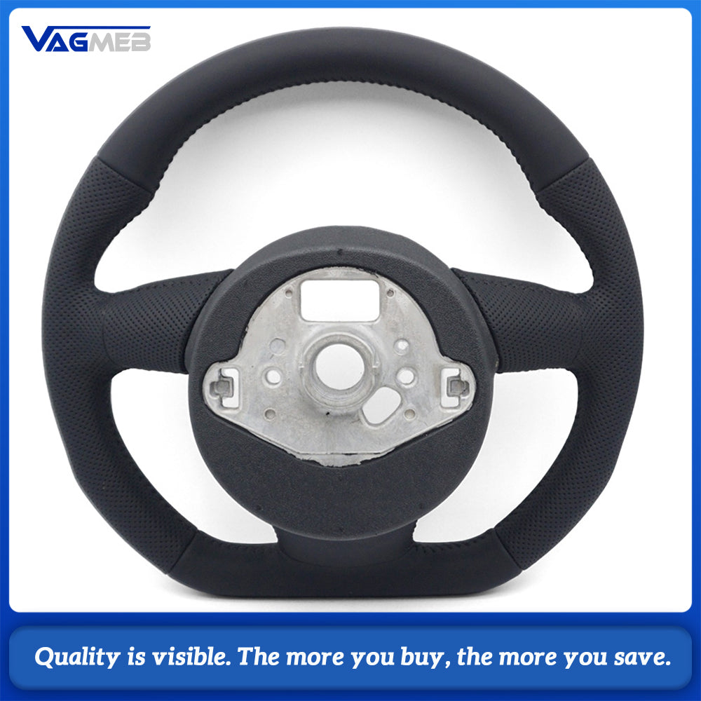 Sport Steering Wheel Replacement For Audi A4 B8, Semi-Perforated Black Leather, Black Stitch, RS Badge, Without Paddles & Multifunction Buttons