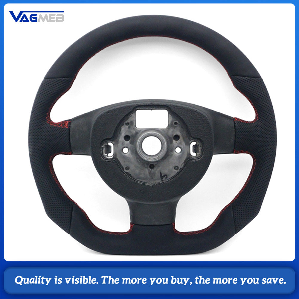 For VW Golf MK5 Half Perforated Leather Steering Wheel, Red Stitching With Control Buttons Without Shift Paddles