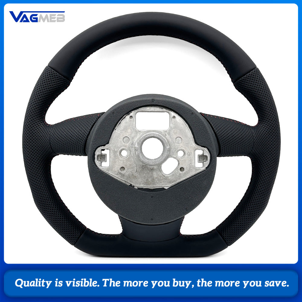 For Audi A4 B8 Half Perforated Leather Steering Wheel Red Stitching, Multifunction Steering Wheel Without Shift Paddles and Control Buttons Car Modification Parts