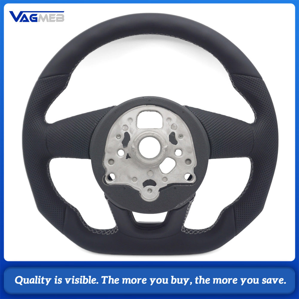 For Audi A4 B9 S Style Steering Wheel Half Punch Leather White Contrast Stitch Without Control Buttons