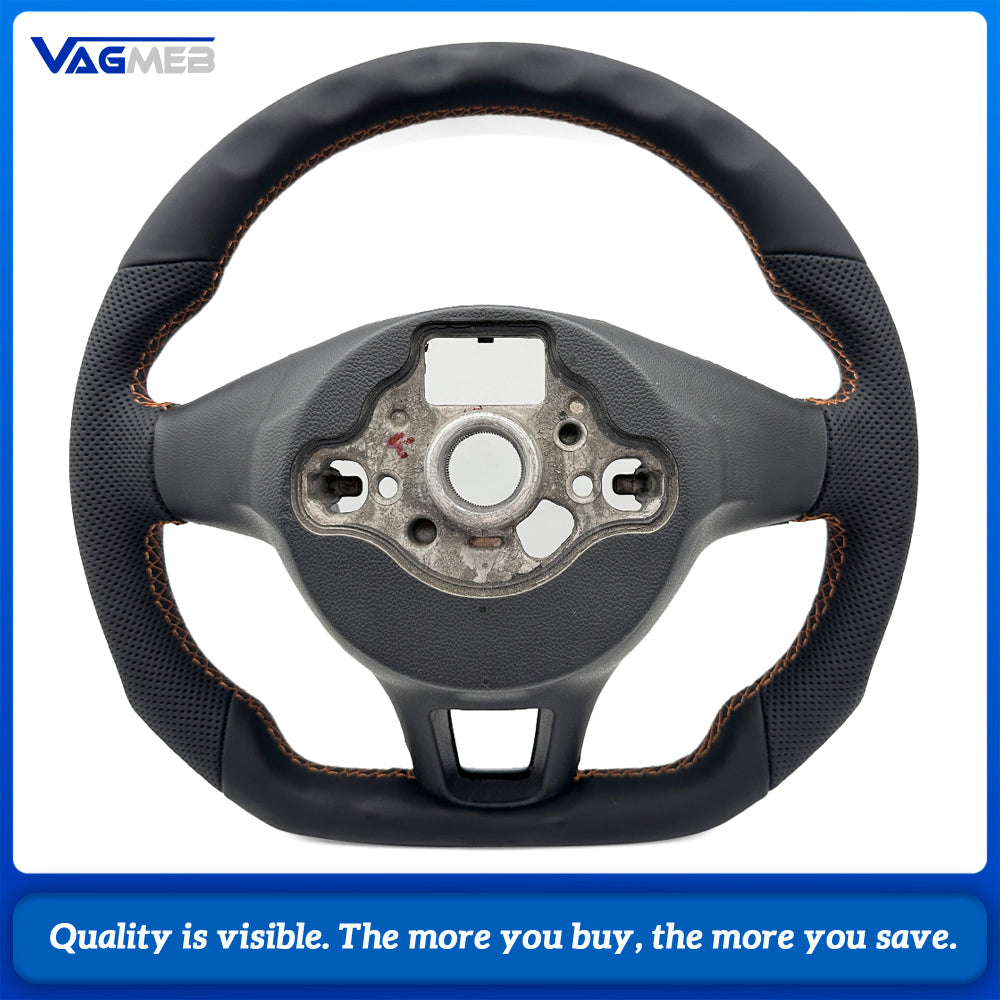 Car Sport Steering Wheel Fit For Multivan T6, Half Perforated Leather, Brown Stitch, Equipped with Gloss Painted Decorative Frame