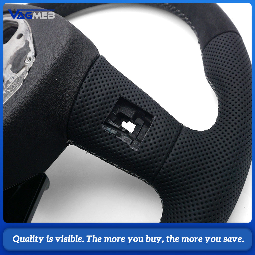 For Audi Q5L Steering Wheel, Matte Black Alcantara Upper & Lower, Perforated Leather on Both Sides, Dark Gray Contrast Stitching, Heating Function, Without Buttons, Without Shift Paddles, No Airbag, Car Sport Modification Part