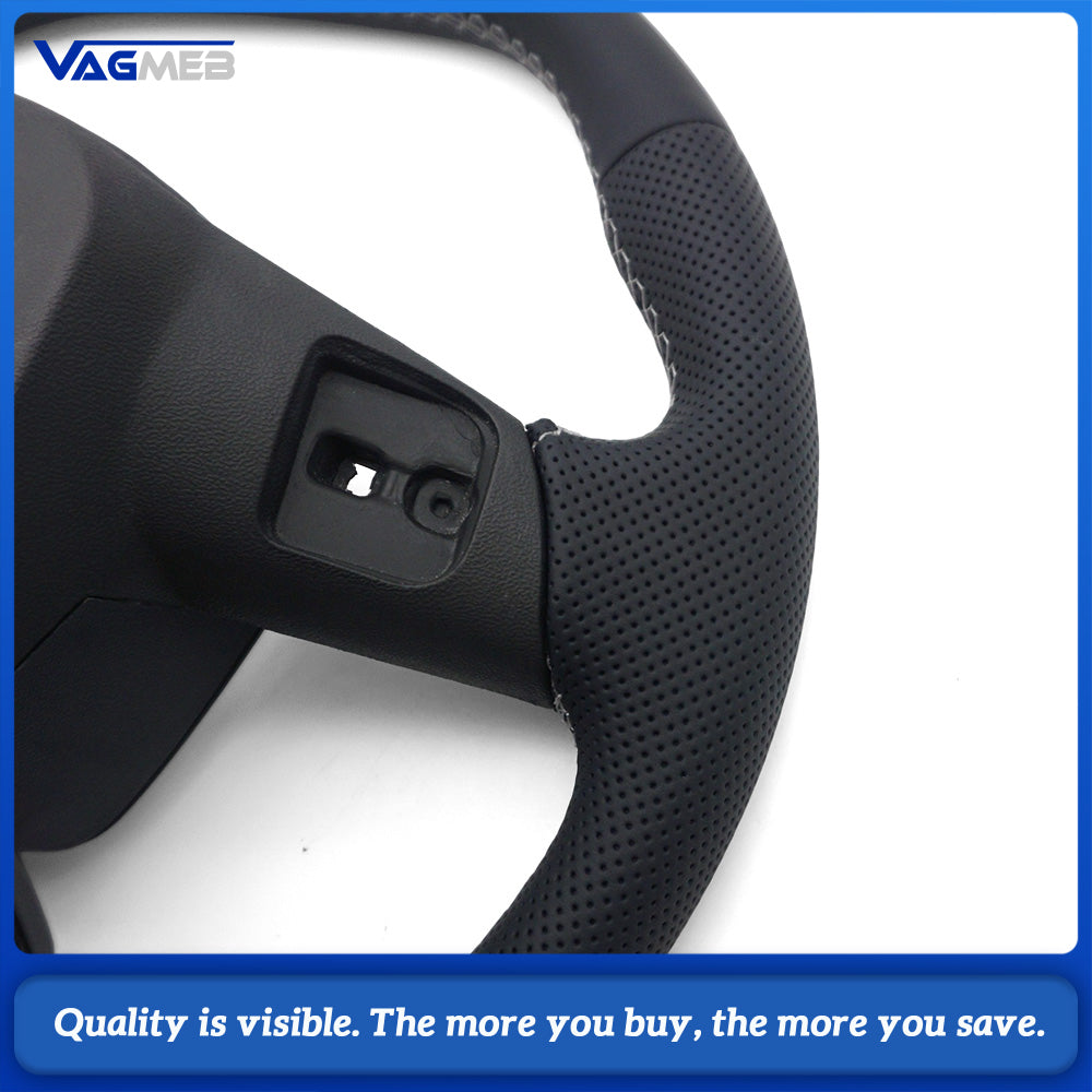 S-Line Steering Wheel For Audi A6 C8 A7 C8, Half Perforated Leather White Stitching, Heated Function, No Shift Paddles, No Multifunction Buttons
