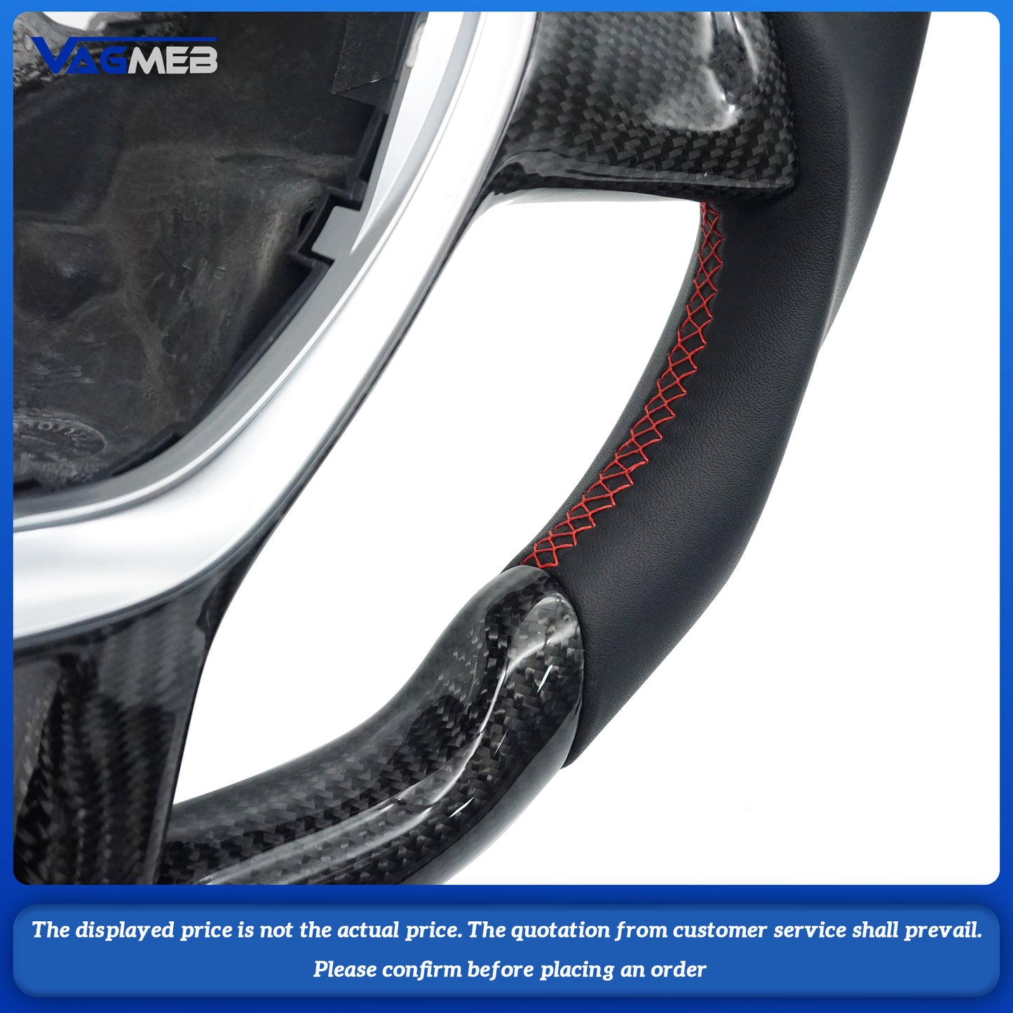 For VW Amarok, the left and right sides are genuine leather, the top and bottom are carbon fiber red lines, with carbon fiber button covers and double white correction marks
