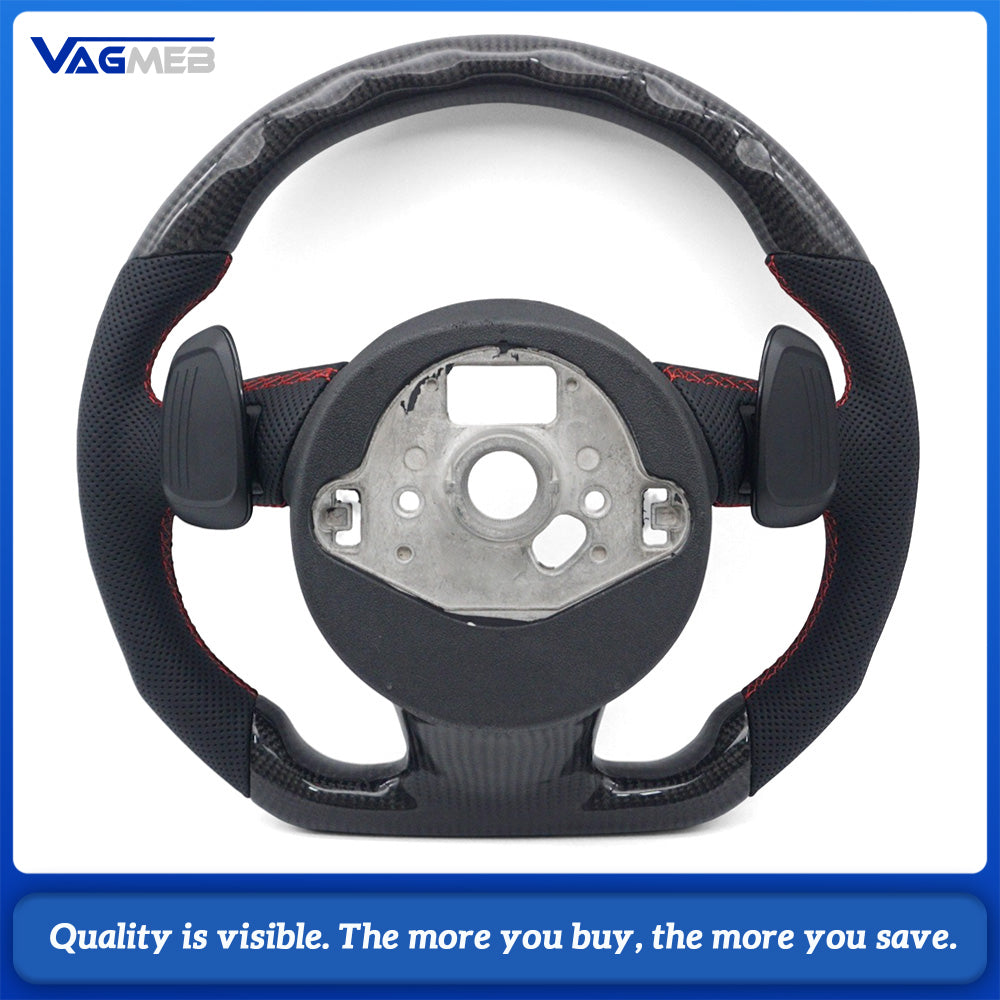 Car Sports Steering Wheel for Audi A4 B8 Carbon Fiber Half Perforated Leather Red Stitching With Multifunction Buttons & Gear Shift Paddles Modification Replacement Part
