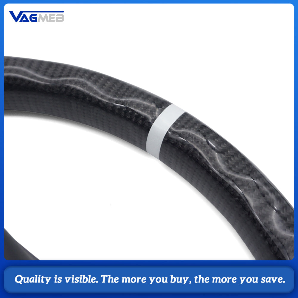 Carbon Fiber Sport Steering Wheel Semi‑Perforated Leather Grey Contrast Stitching White Center Mark Buttons Not Included For VW Transporter T6