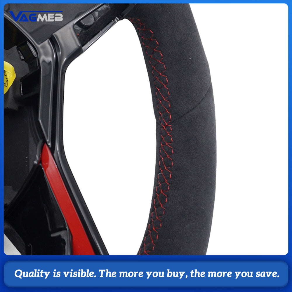 Car Full Suede Alcantara Steering Wheel Red Stitching Red Center Marker Without Control Buttons and Paddle Shifters Replacement For Volkswagen Golf 8 MK8
