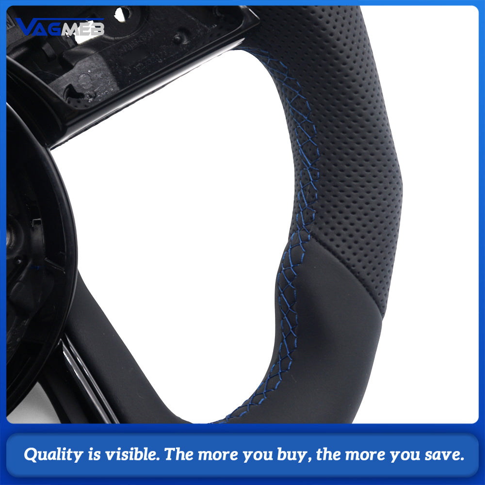 For Audi A4 B9 RS Logo Half Perforated Leather Steering Wheel Blue Stitch Blue Center Marker