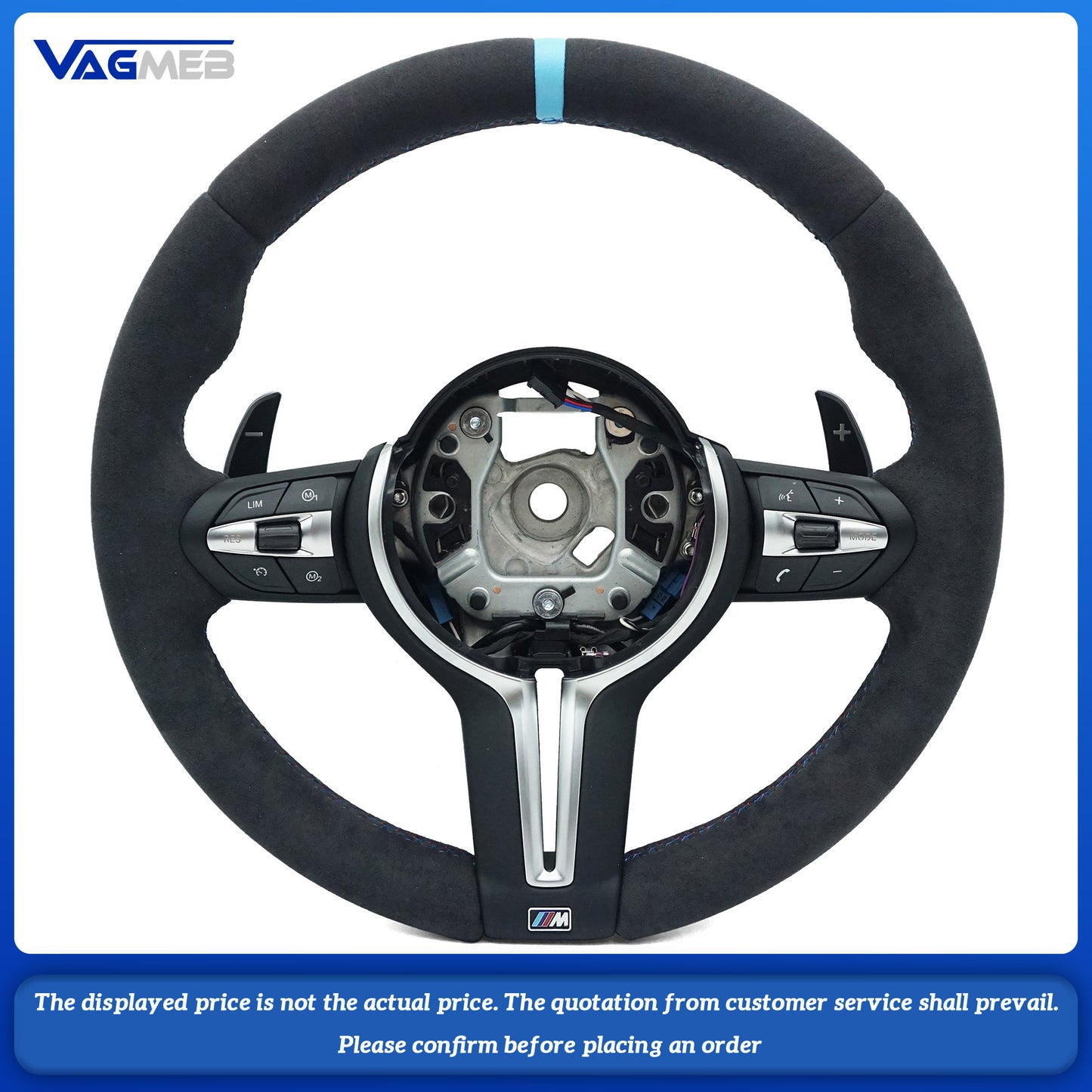 Leather black wire steering wheel with Light blue 12 o'clock emblem For BMW M M3 M5 F10 F11 F13 F15 F20 F21 F22 F25 F01 F02 F03 F30 F31
