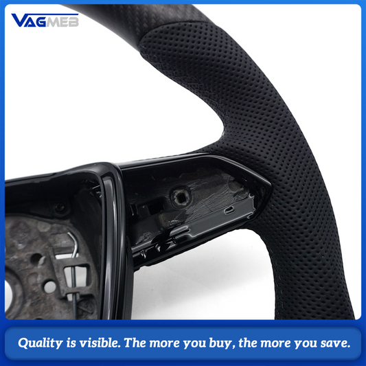 Car Matte Carbon Half Perforated Leather Steering Wheel Black Stitching Heated Function Without Buttons and Paddle Shifters Replacement For Audi A6 C8