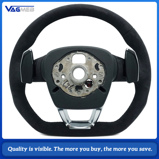 For Audi Q5 FY Full Alcantara Suede Steering Wheel, Black Stitching, S Logo, Heated Function, Paddle Shifters & Multi-Function Buttons