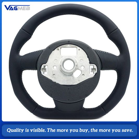 For Audi A4 B8 A3 8V A4 A5 A7 Q3 Q5 Q7 Black Stitched Full Leather Perforated Flat Bottomed Steering Wheel