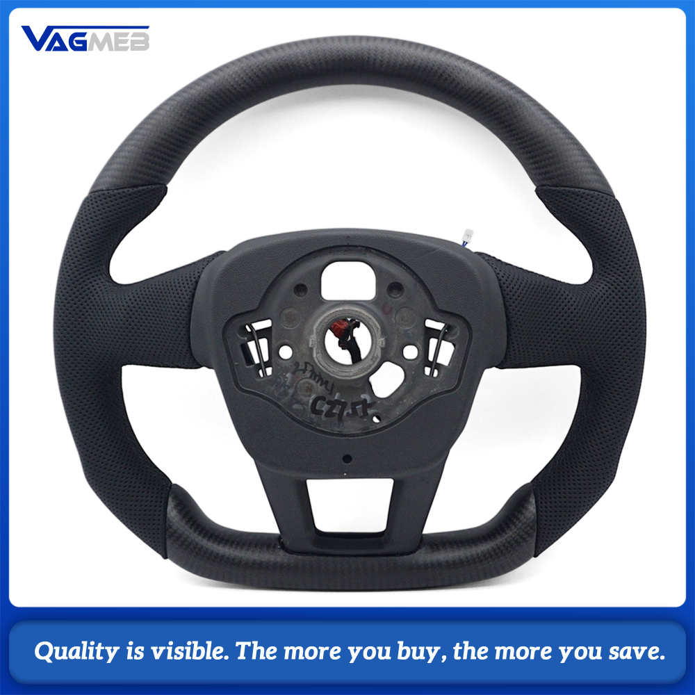 Car Matte Carbon Half Perforated Leather Steering Wheel Black Stitching Heated Function Without Buttons and Paddle Shifters Replacement For Audi A6 C8